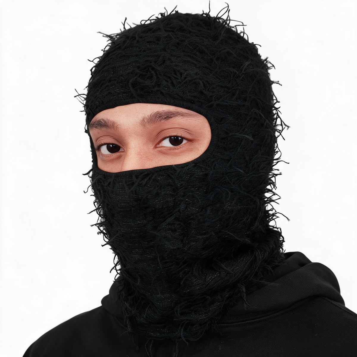 Black distressed knit balaclava feature detail