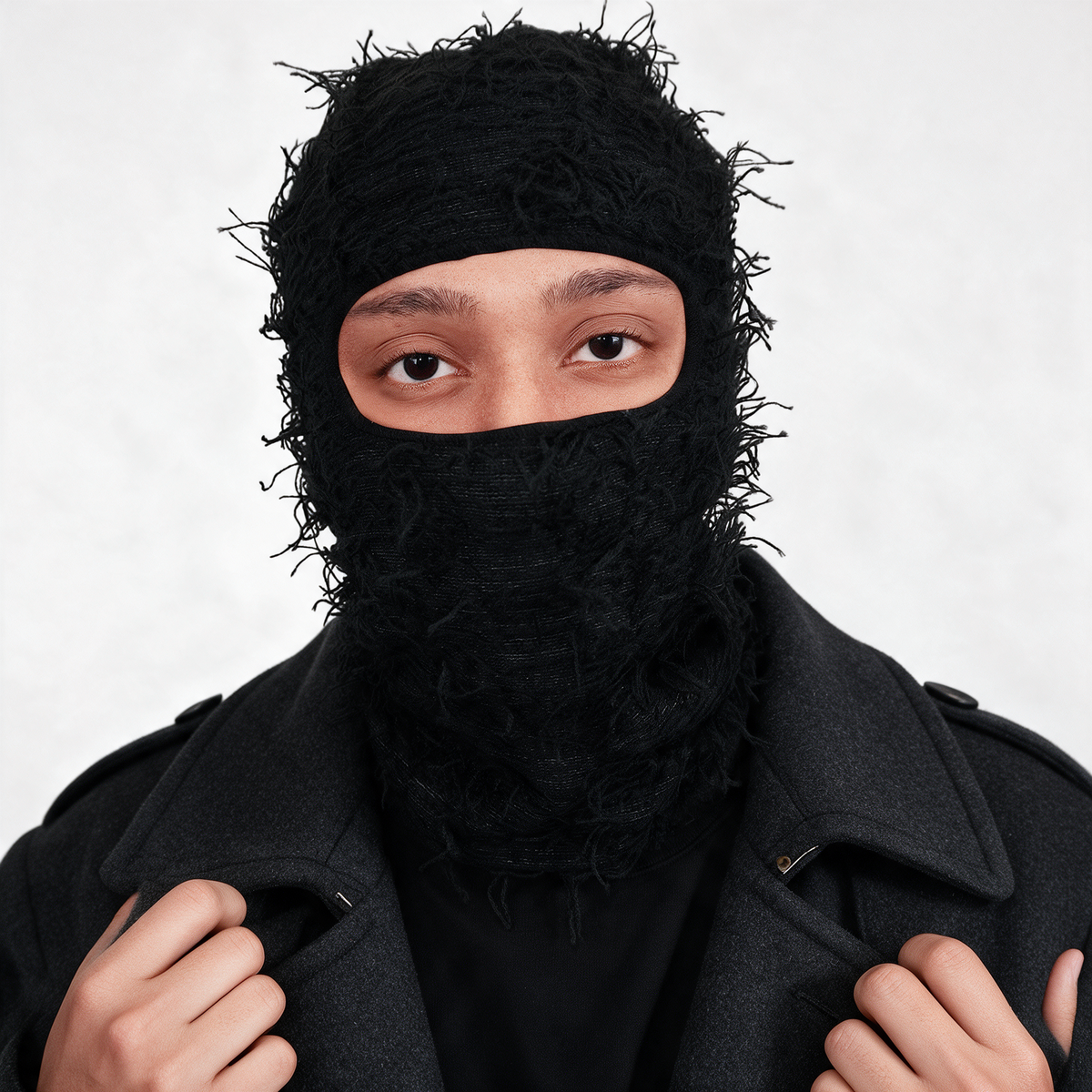 Black distressed knit balaclava feature detail