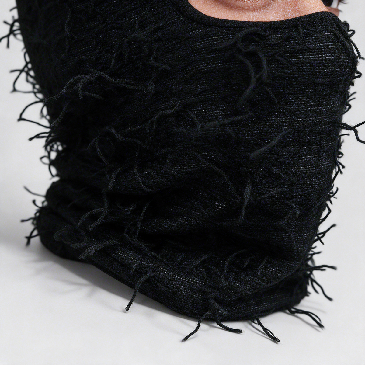 Distressed knit balaclava detail