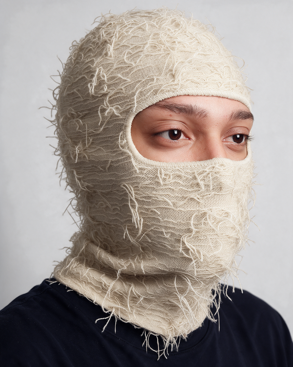 Beige distressed knit balaclava