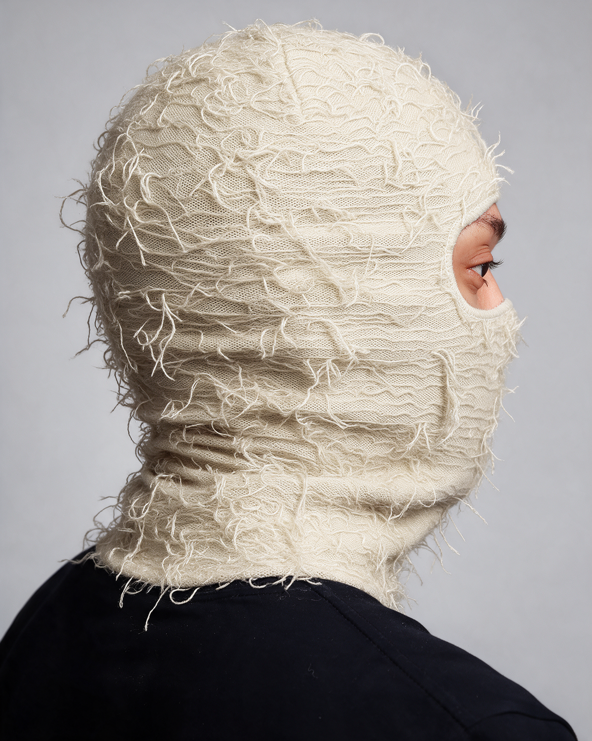 Beige distressed-knit balaclava detail