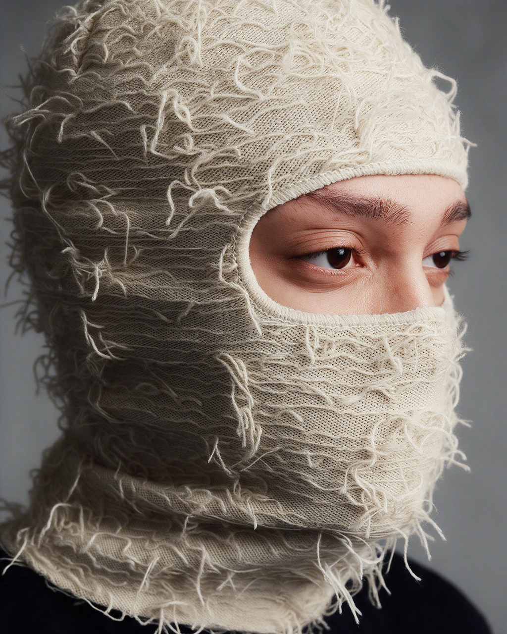 Beige distressed-knit balaclava detail