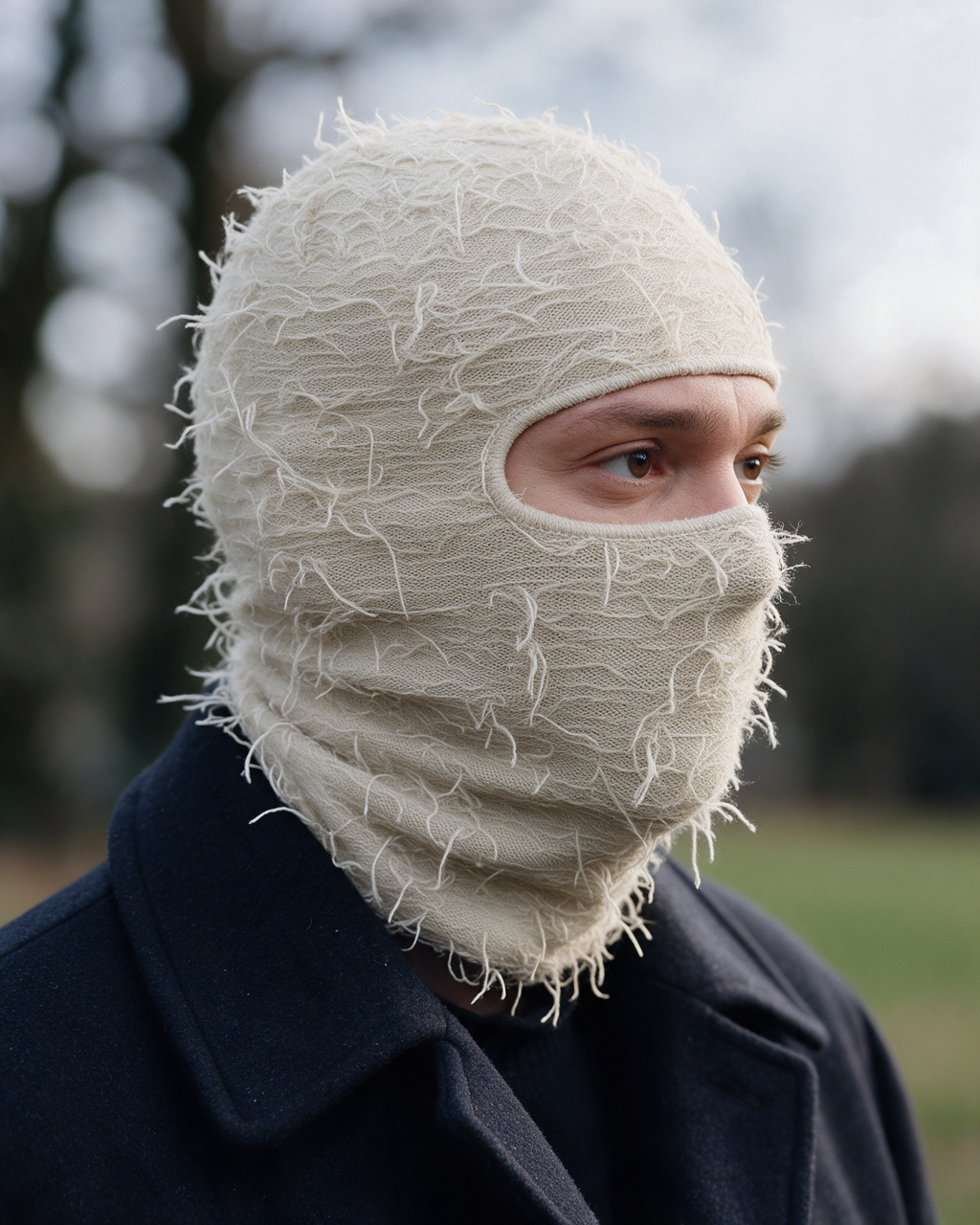 Beige distressed-knit balaclava detail