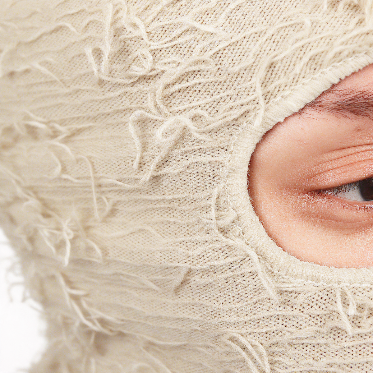 Beige distressed-knit balaclava eye-opening detail