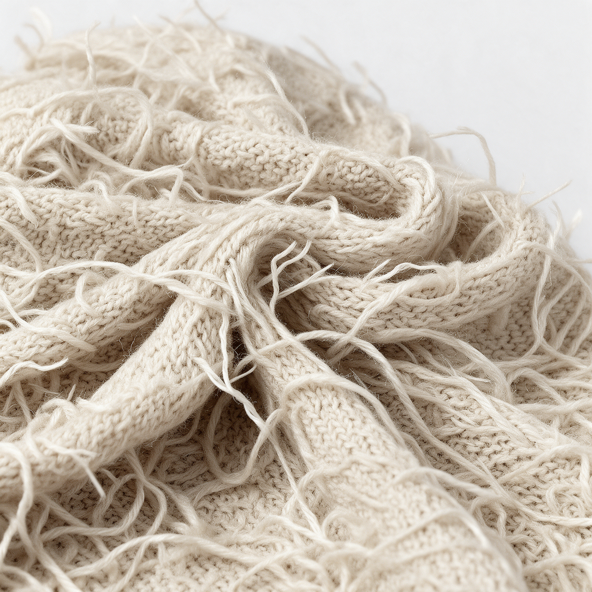 Beige distressed-knit balaclava — loose yarn texture detail