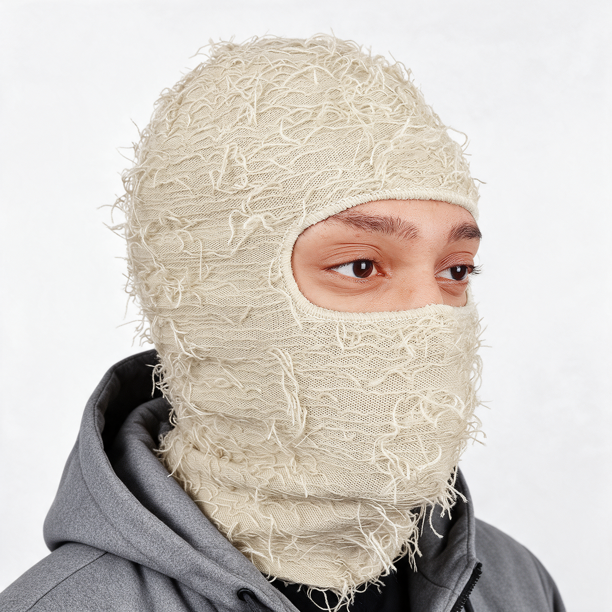 Beige distressed-knit balaclava — head and neck coverage