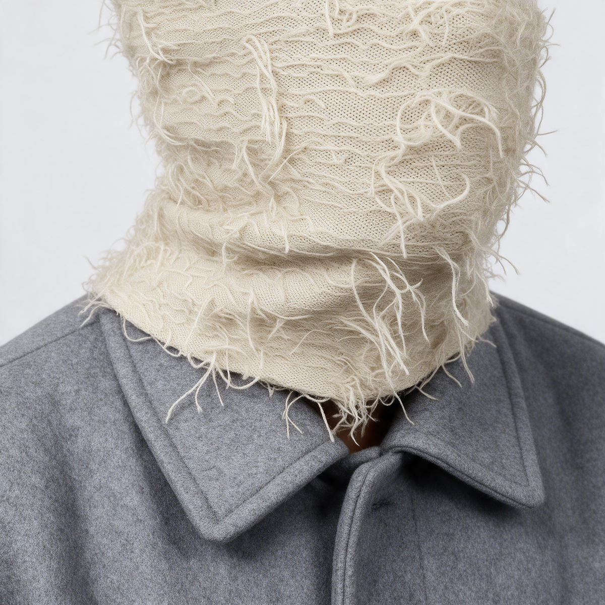 Beige distressed-knit balaclava — lower neck coverage