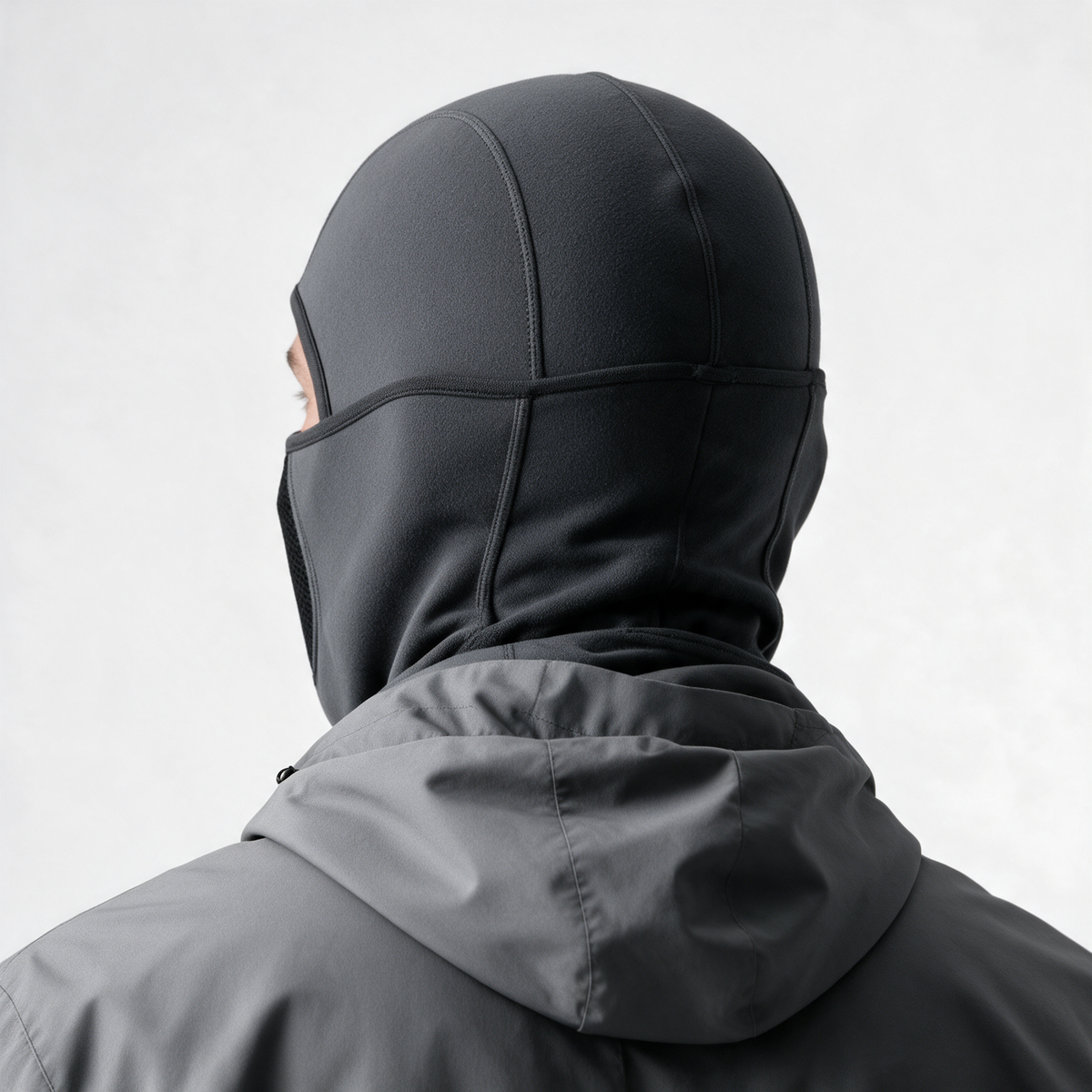 Charcoal Gray fleece balaclava — crown and rear seams