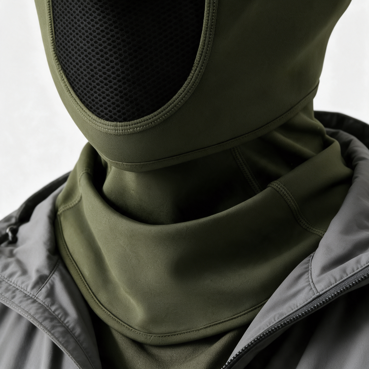Army Green fleece balaclava — extended bib detail