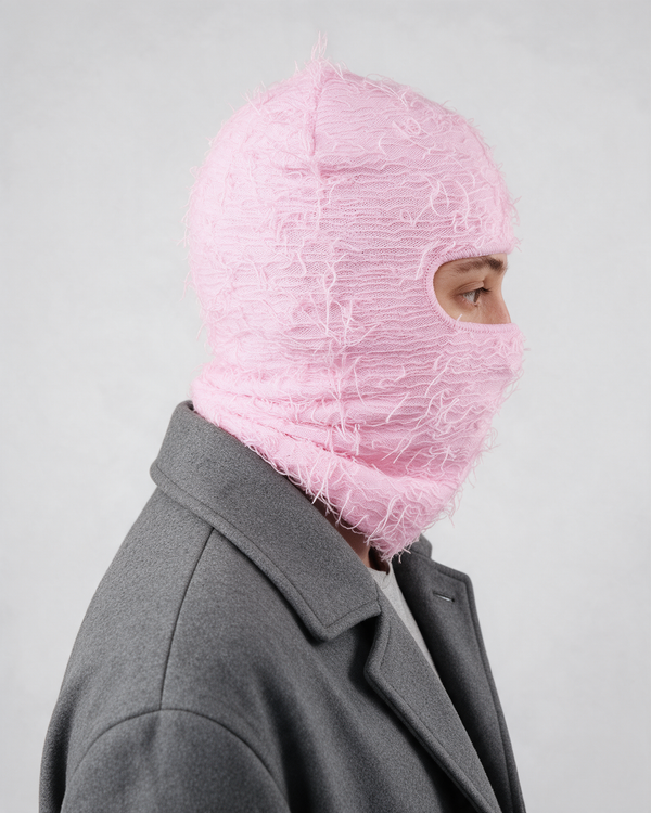 Pink distressed-knit balaclava — side and rear view