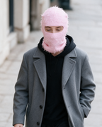 Pink distressed-knit balaclava — urban lifestyle