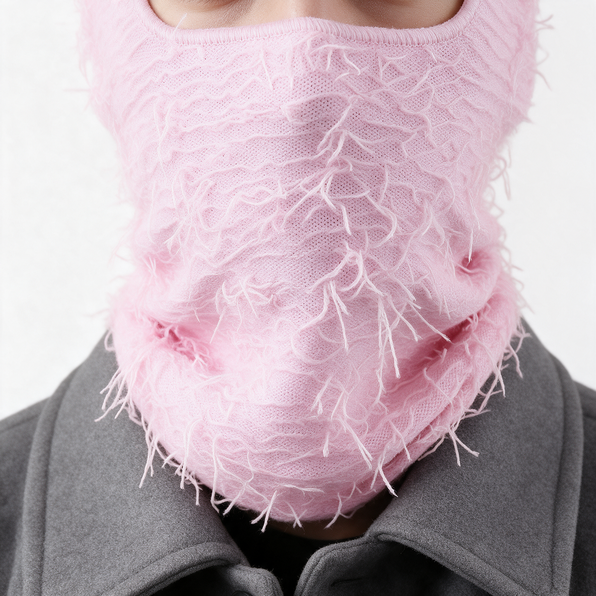 Pink distressed-knit balaclava — neck hem detail