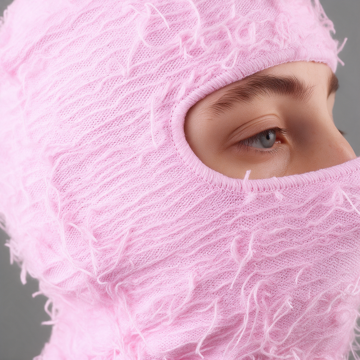 Pink distressed-knit balaclava — knit texture detail