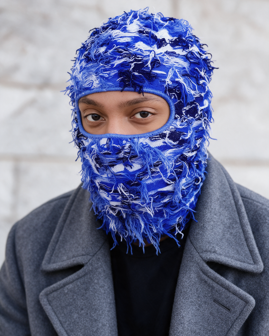 Blue Camo knit balaclava — lifestyle portrait