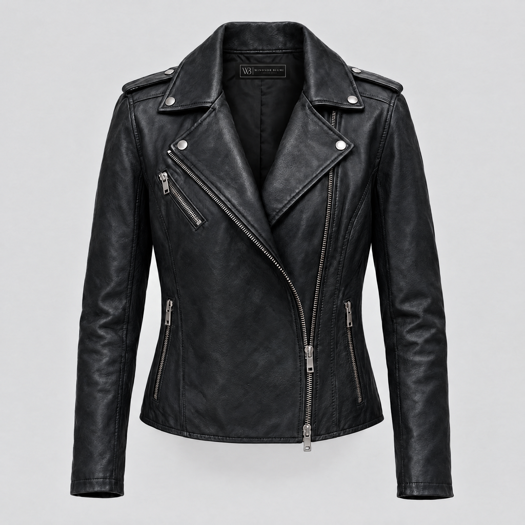Women's Madeline Asymmetrical Leather Moto Jacket — Black — product-front