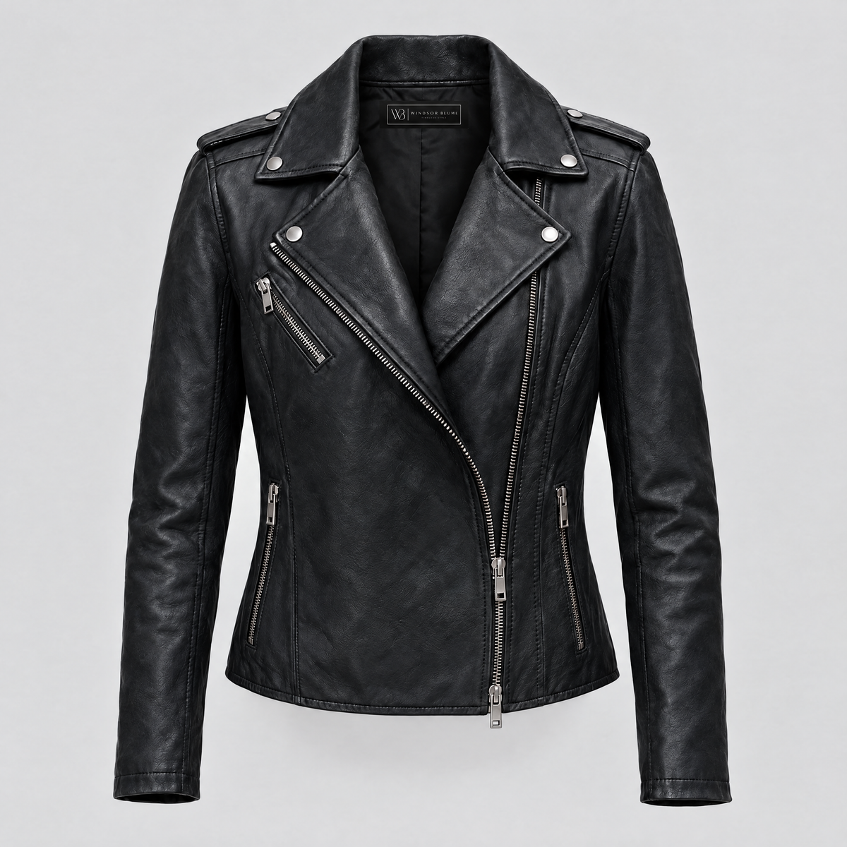 Women's Madeline Asymmetrical Leather Moto Jacket — Black — product-front