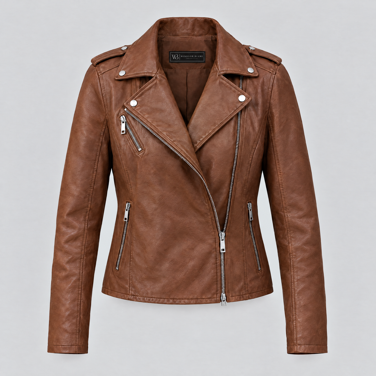 Women's Madeline Asymmetrical Leather Moto Jacket — Cognac — product-front