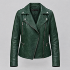 Women's Marissa Asymmetric Leather Moto Jacket — Green — product-front