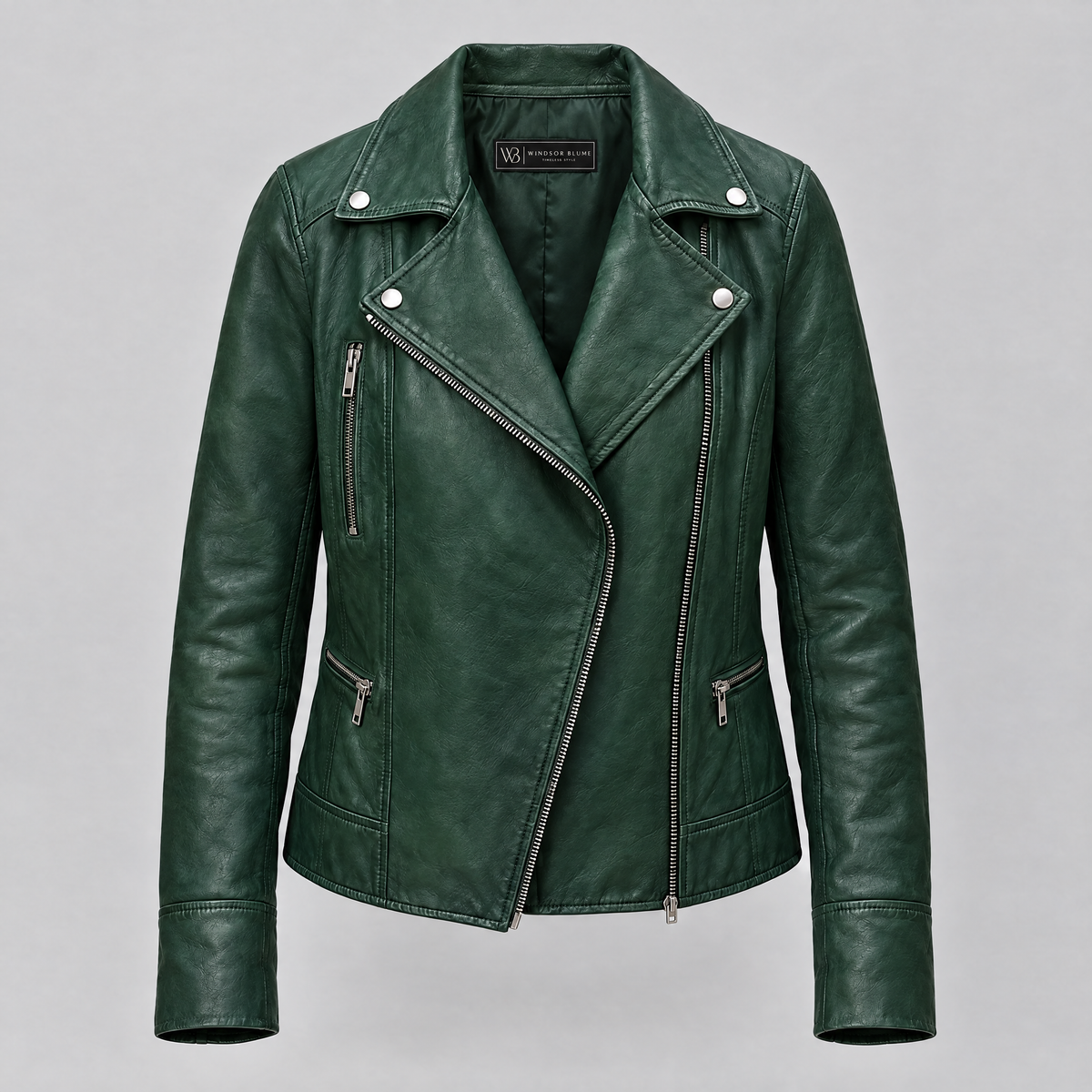 Women's Marissa Asymmetric Leather Moto Jacket — Green — product-front