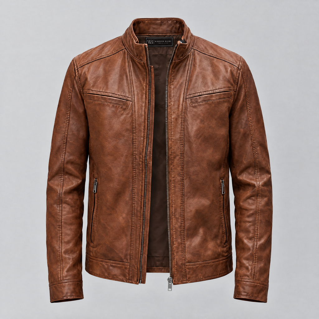Men's Sean Vintage Leather Racer Jacket — Brown — product-front