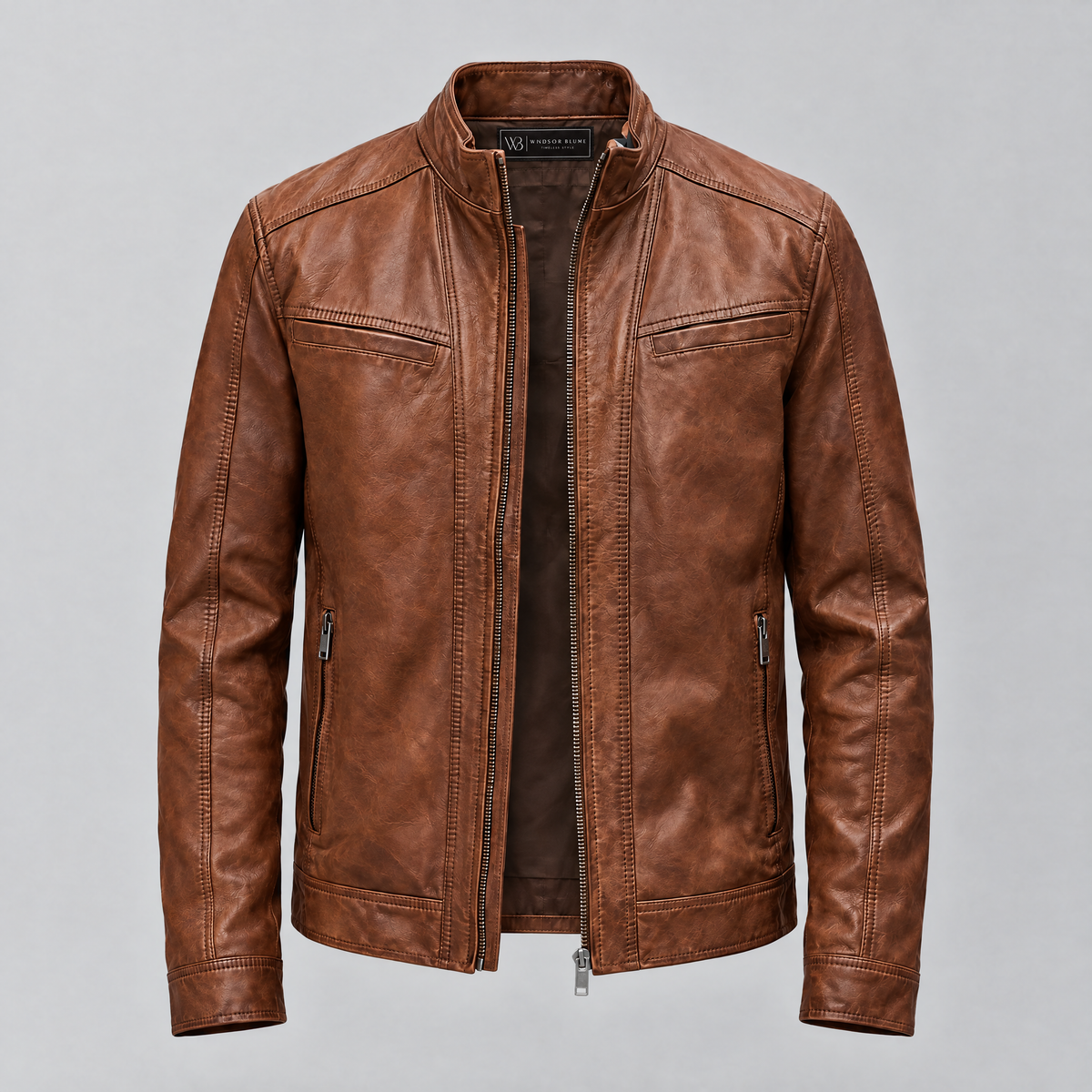 Men's Sean Vintage Leather Racer Jacket — Brown — product-front