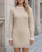Khaki lace-trim cable-knit sweater dress