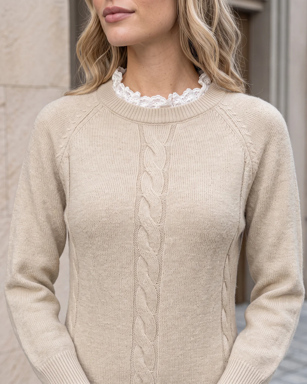 Khaki lace-trim cable-knit sweater dress