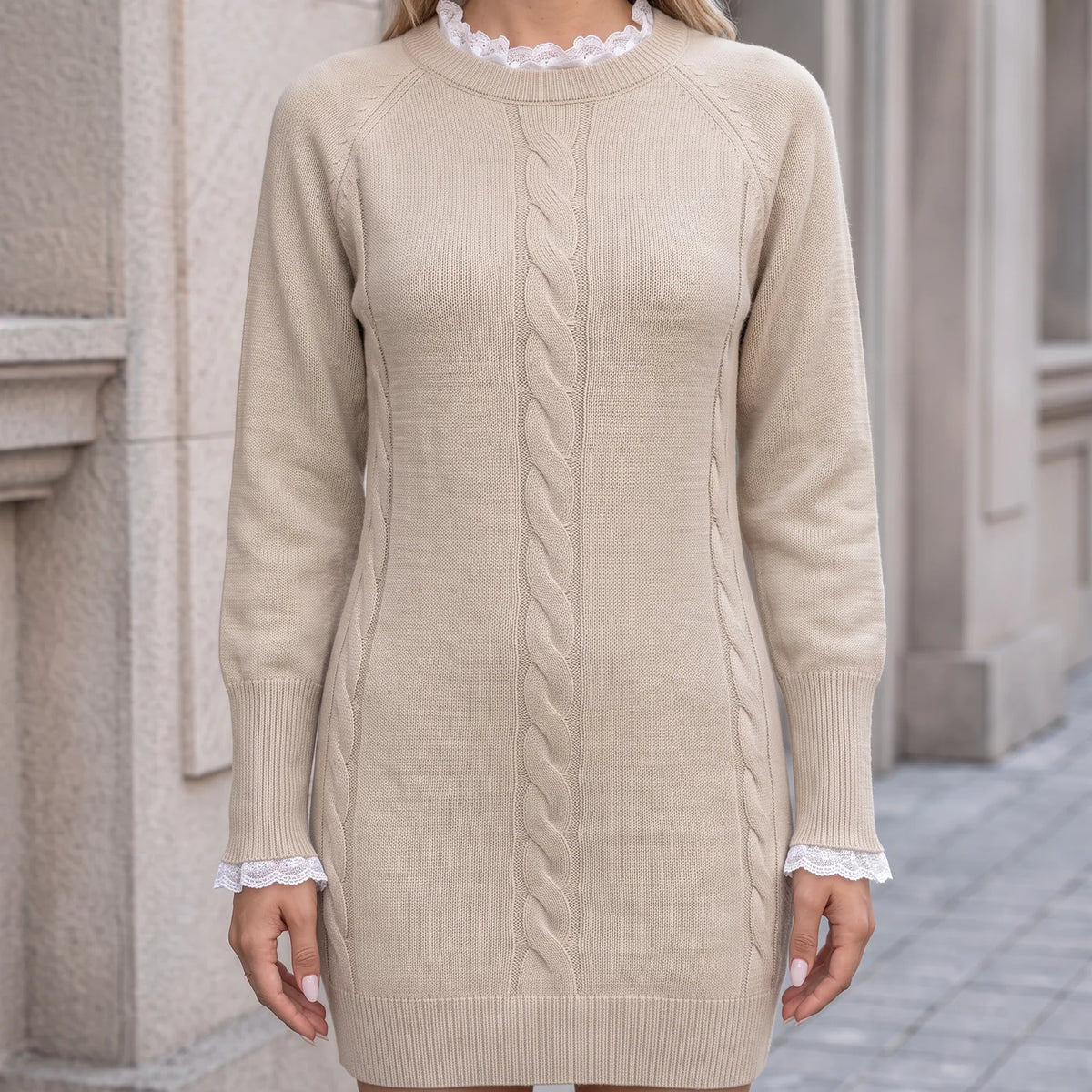 Khaki lace-trim cable-knit sweater dress