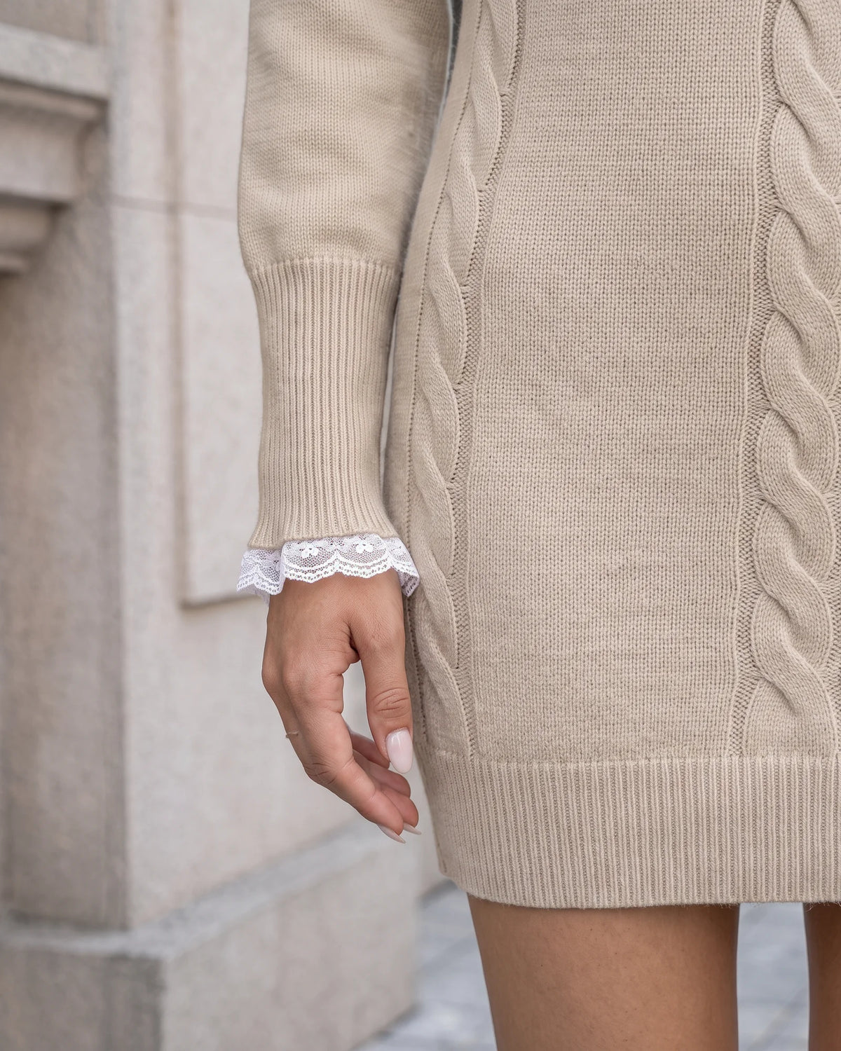 Khaki lace-trim cable-knit sweater dress