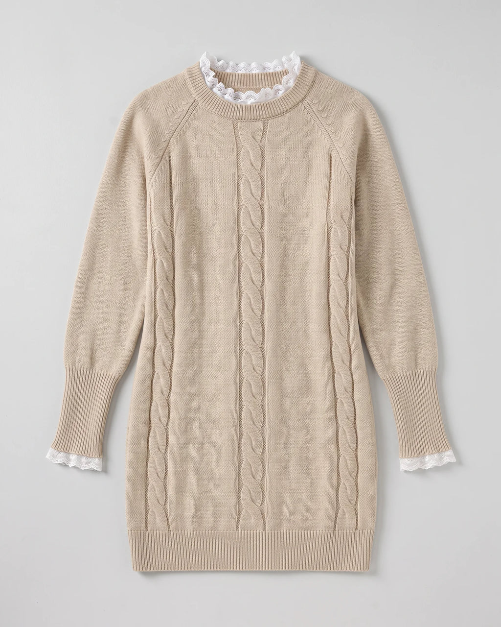 Khaki lace-trim cable-knit sweater dress