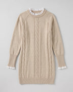 Khaki lace-trim cable-knit sweater dress