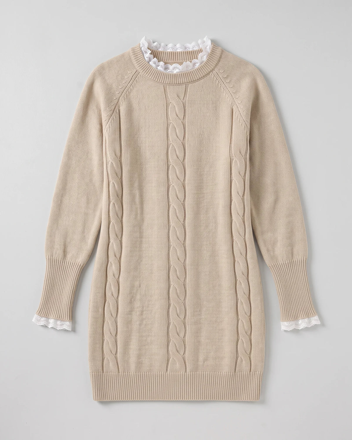Khaki lace-trim cable-knit sweater dress