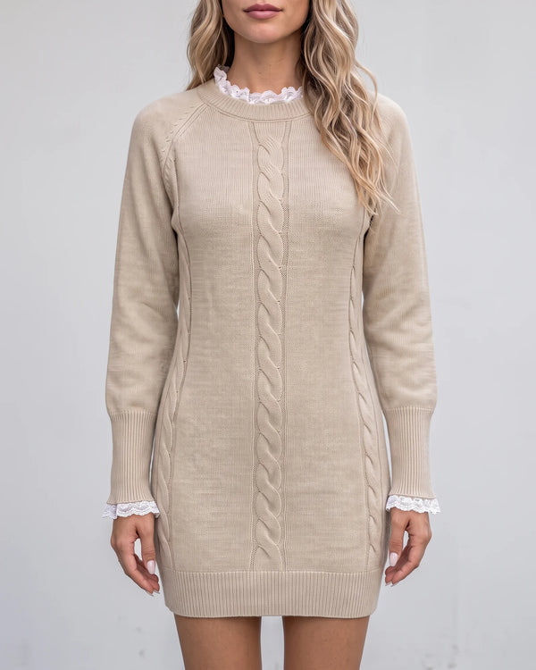 Khaki lace-trim cable-knit sweater dress