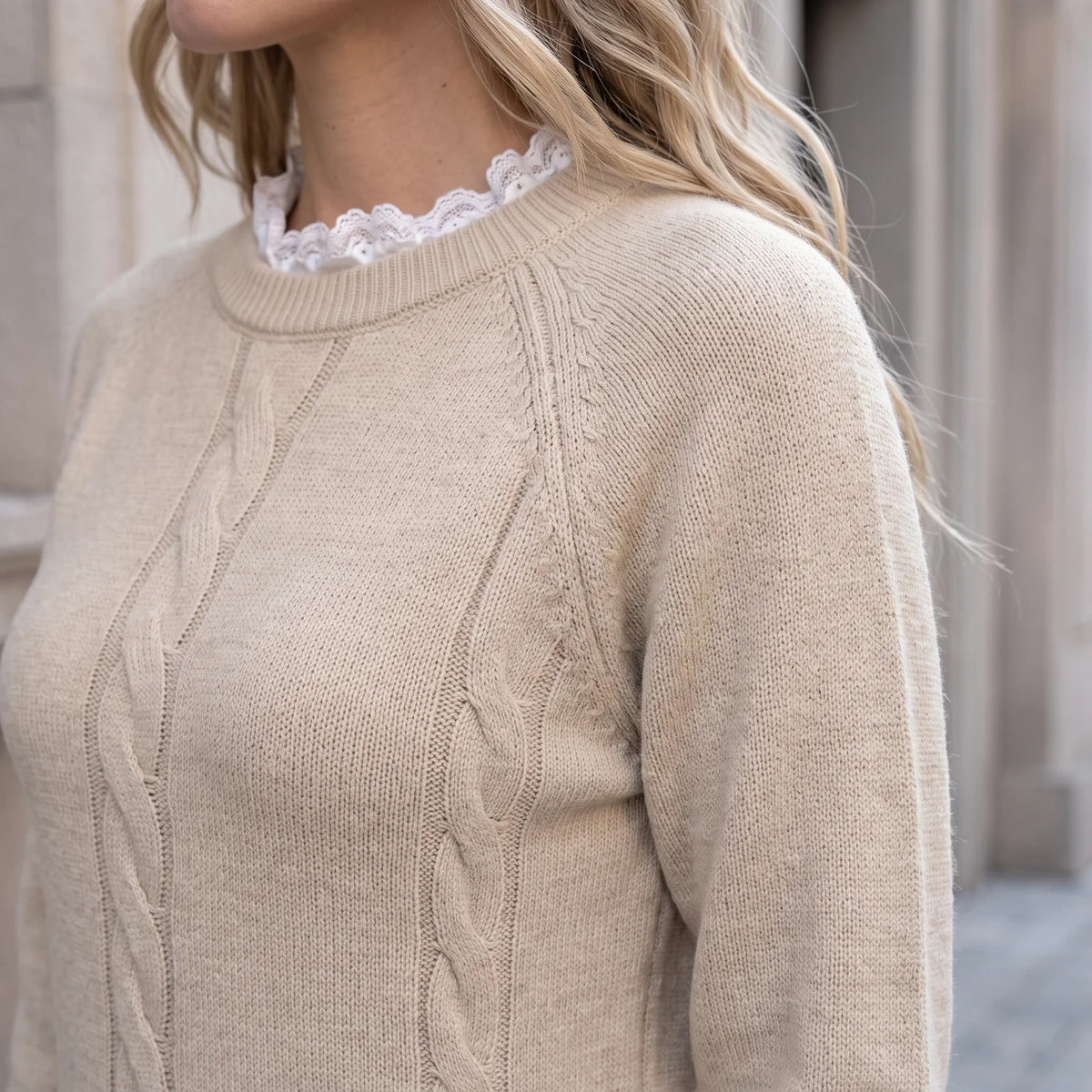Khaki lace-trim cable-knit sweater dress