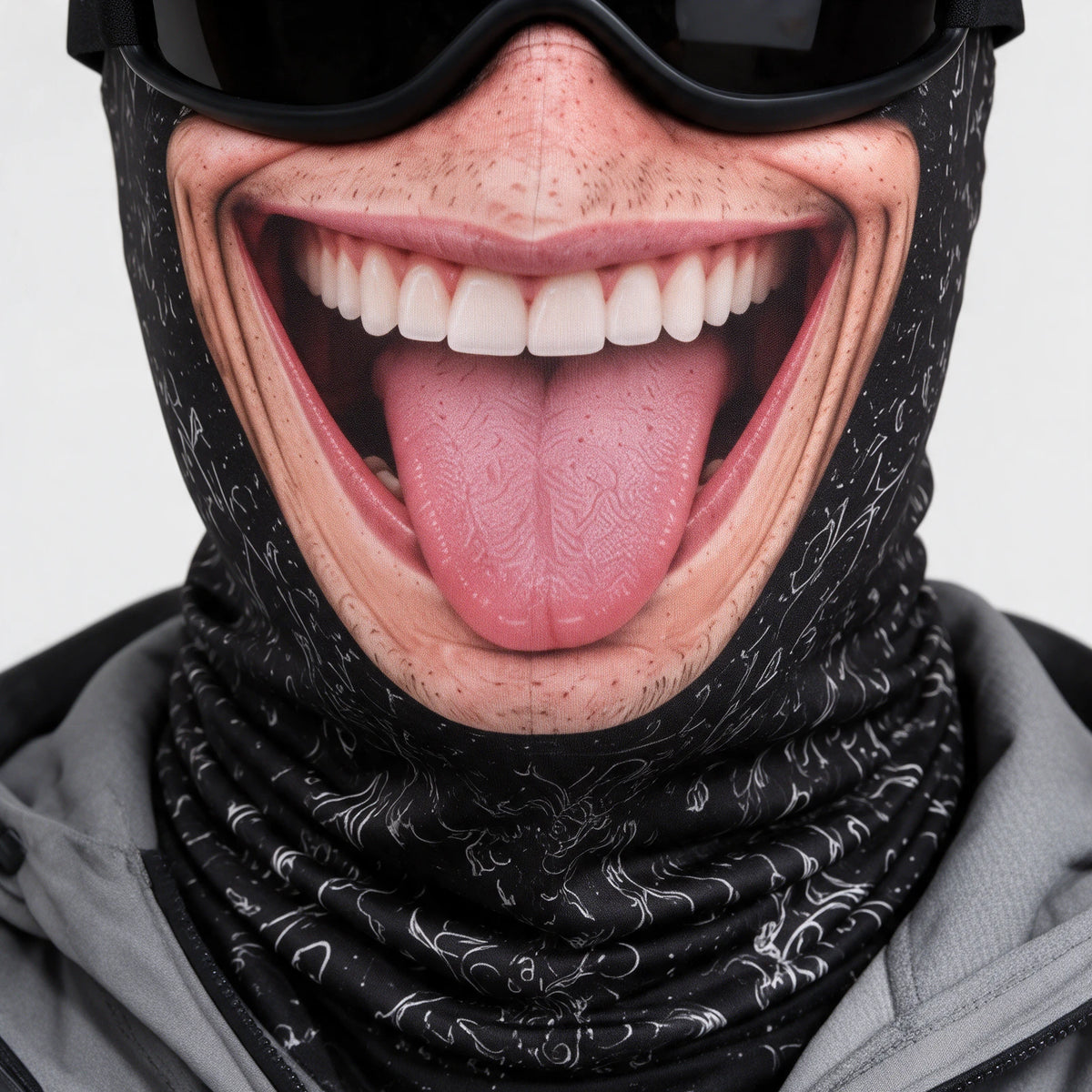 Tongue Out printed mask, feature 2. Goggles and clothing not included.