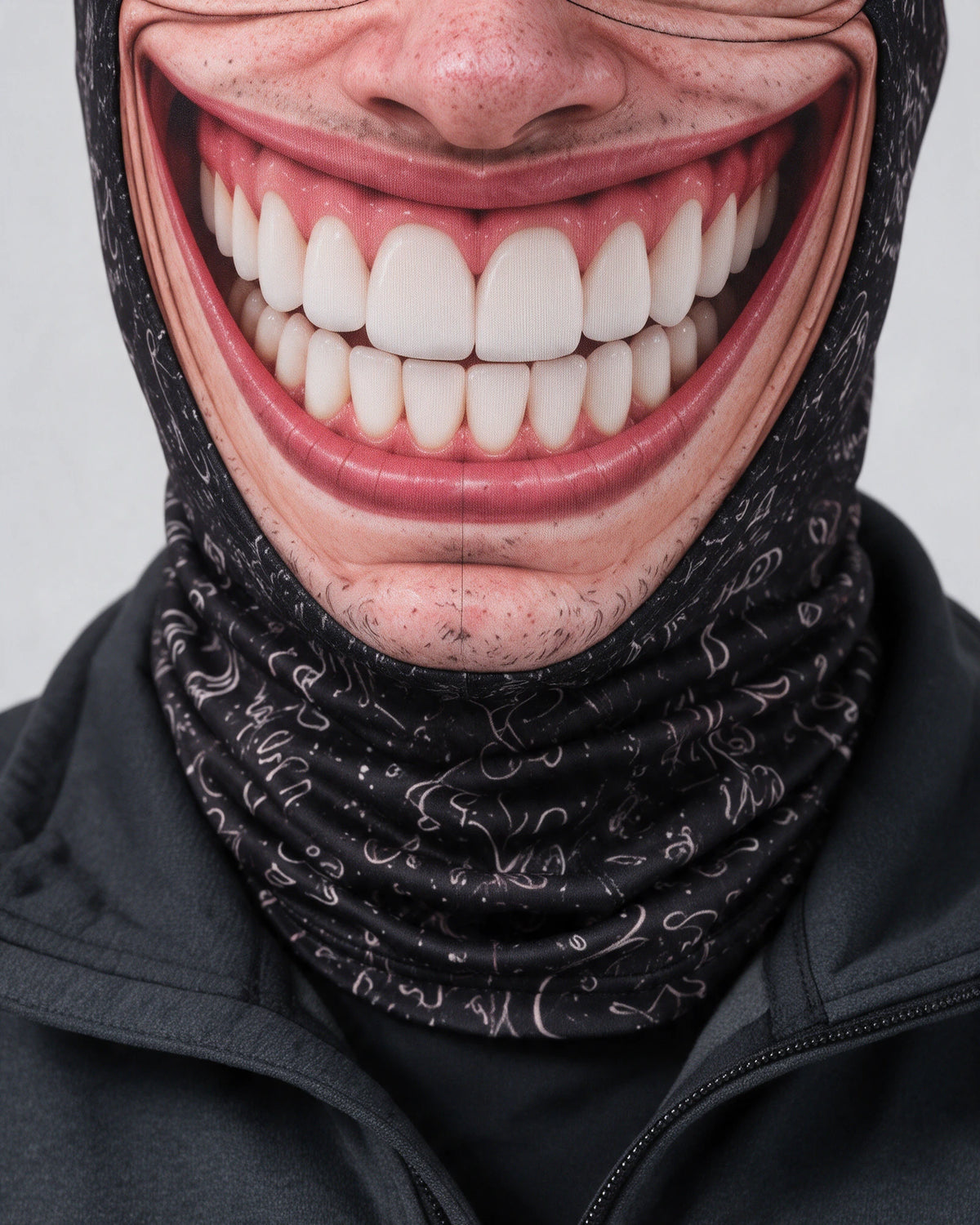 Toothy Smile printed mask, gallery fit. Goggles and clothing not included.