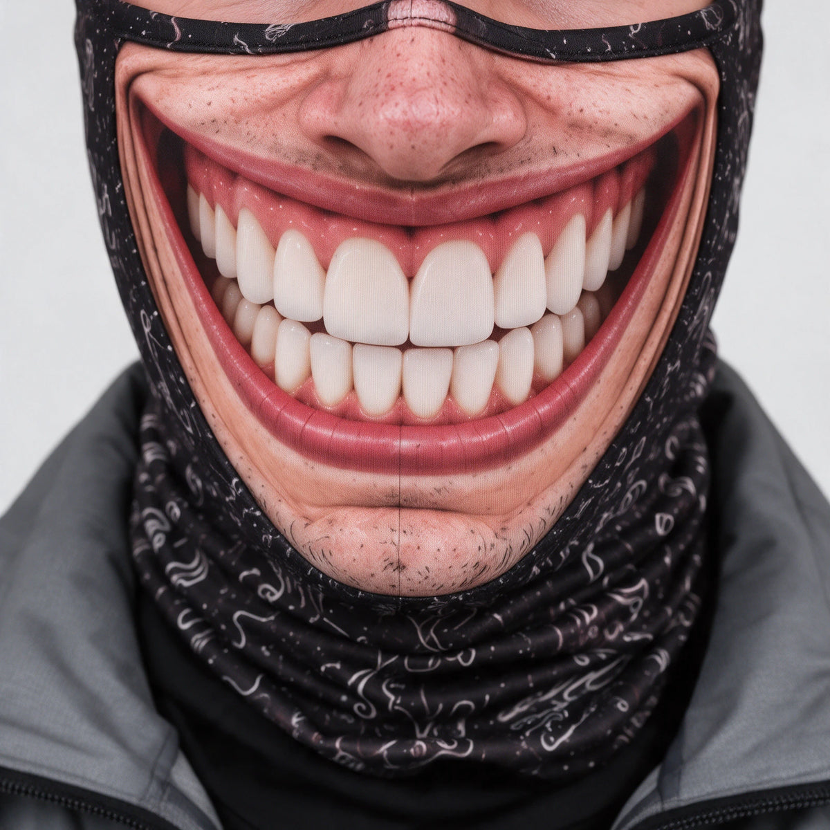 Toothy Smile printed mask, feature 2. Goggles and clothing not included.