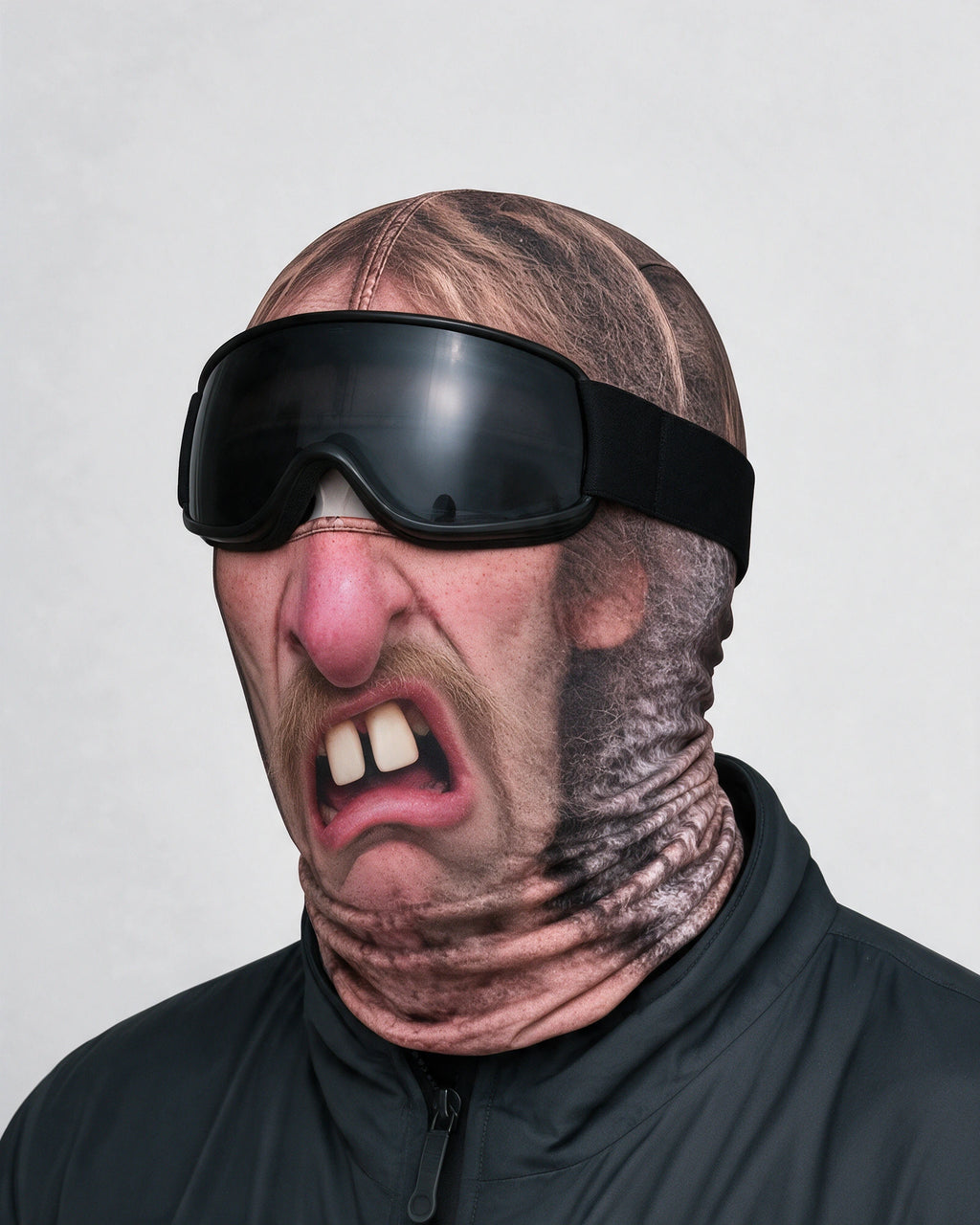 Surprised Face printed fabric mask. Goggles and clothing not included.