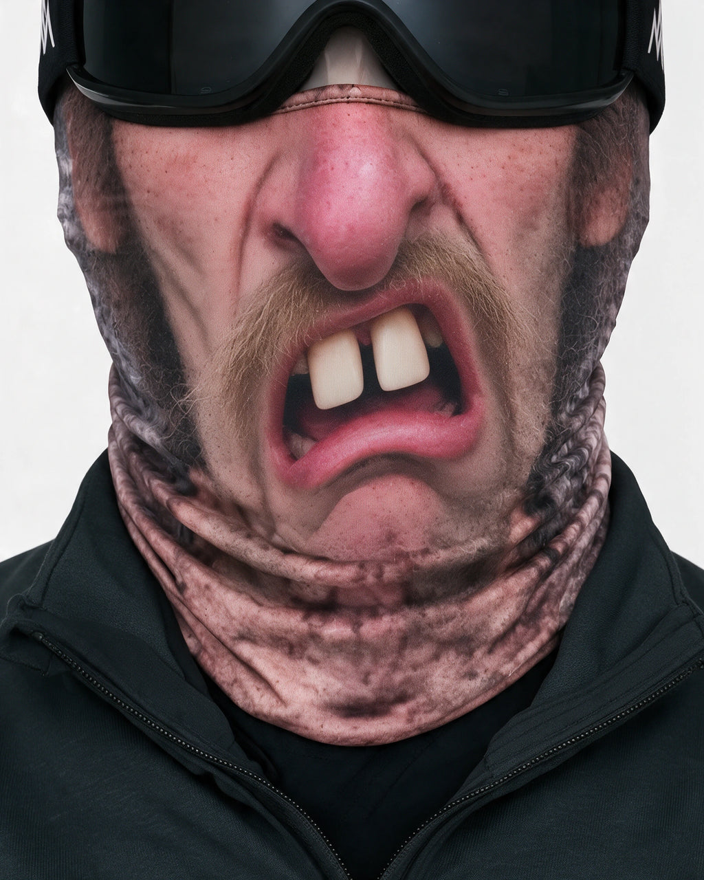 Surprised Face printed fabric mask. Goggles and clothing not included.