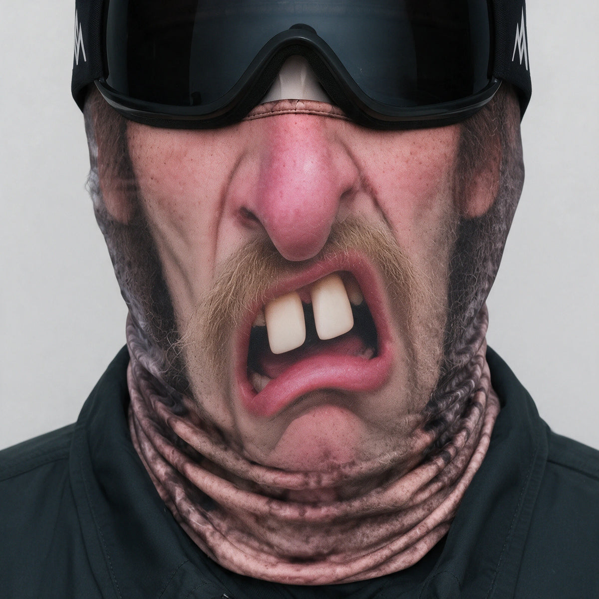 Surprised Face printed fabric mask. Goggles and clothing not included.