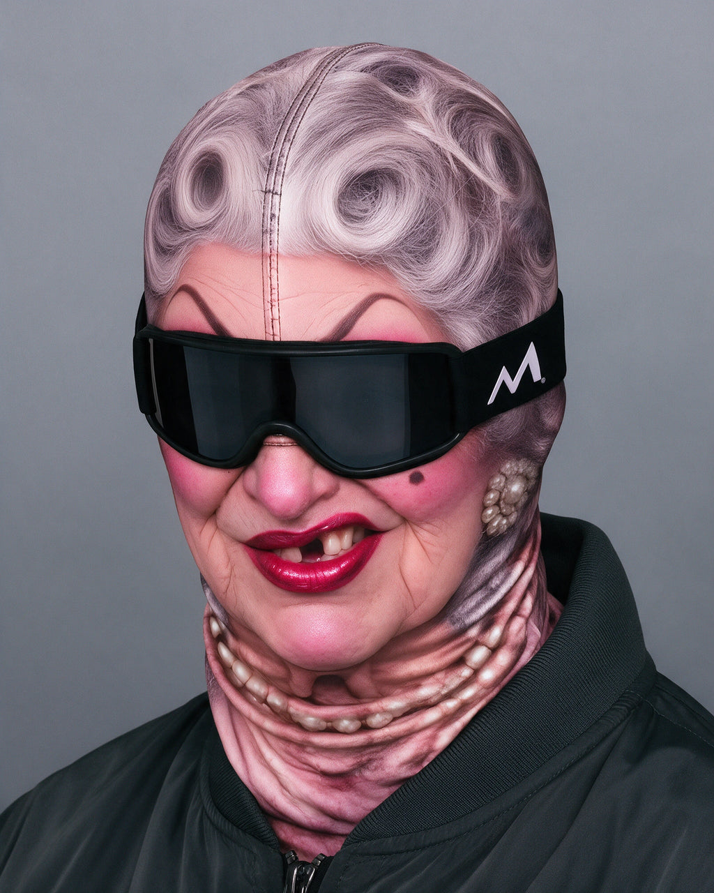 Curly-Haired Granny printed fabric mask. Goggles and clothing not included.