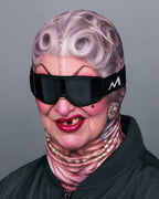 Curly-Haired Granny printed fabric mask. Goggles and clothing not included.