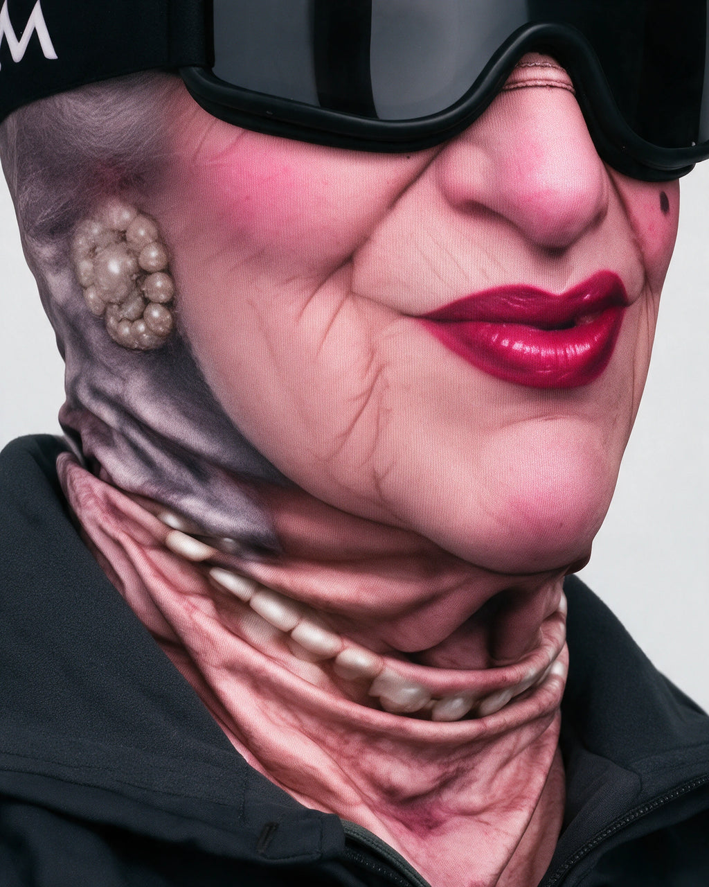 Printed fabric mask worn with ski goggles. Goggles and clothing not included.