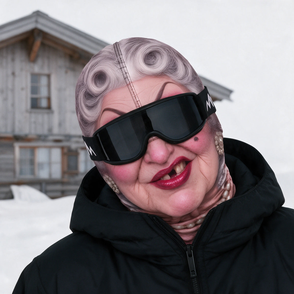 Printed fabric mask worn with ski goggles. Goggles and clothing not included.
