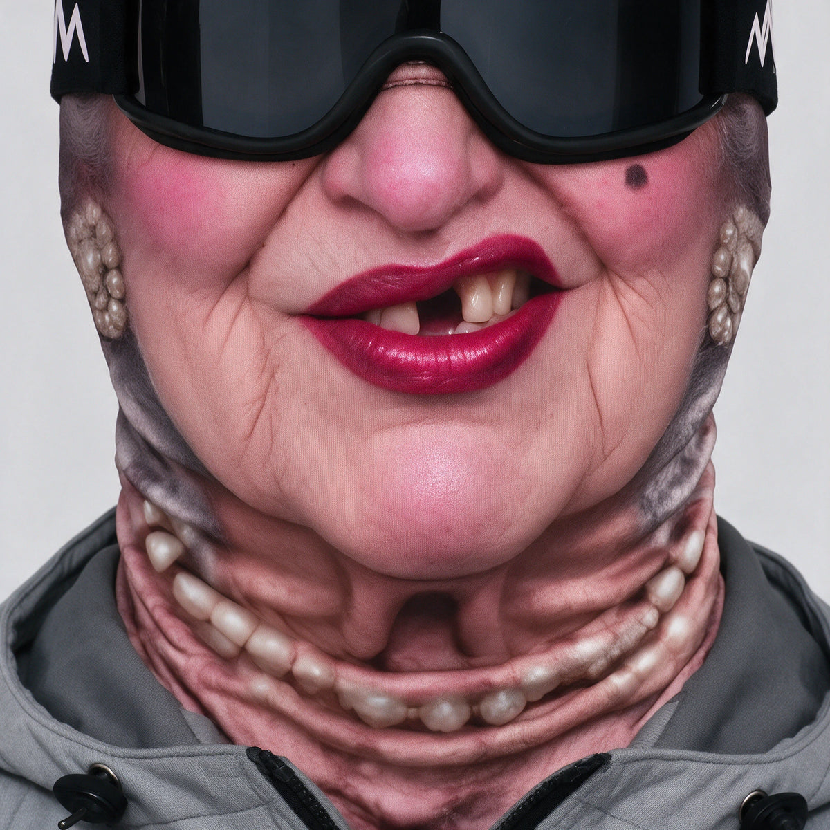 Printed fabric mask worn with ski goggles. Goggles and clothing not included.