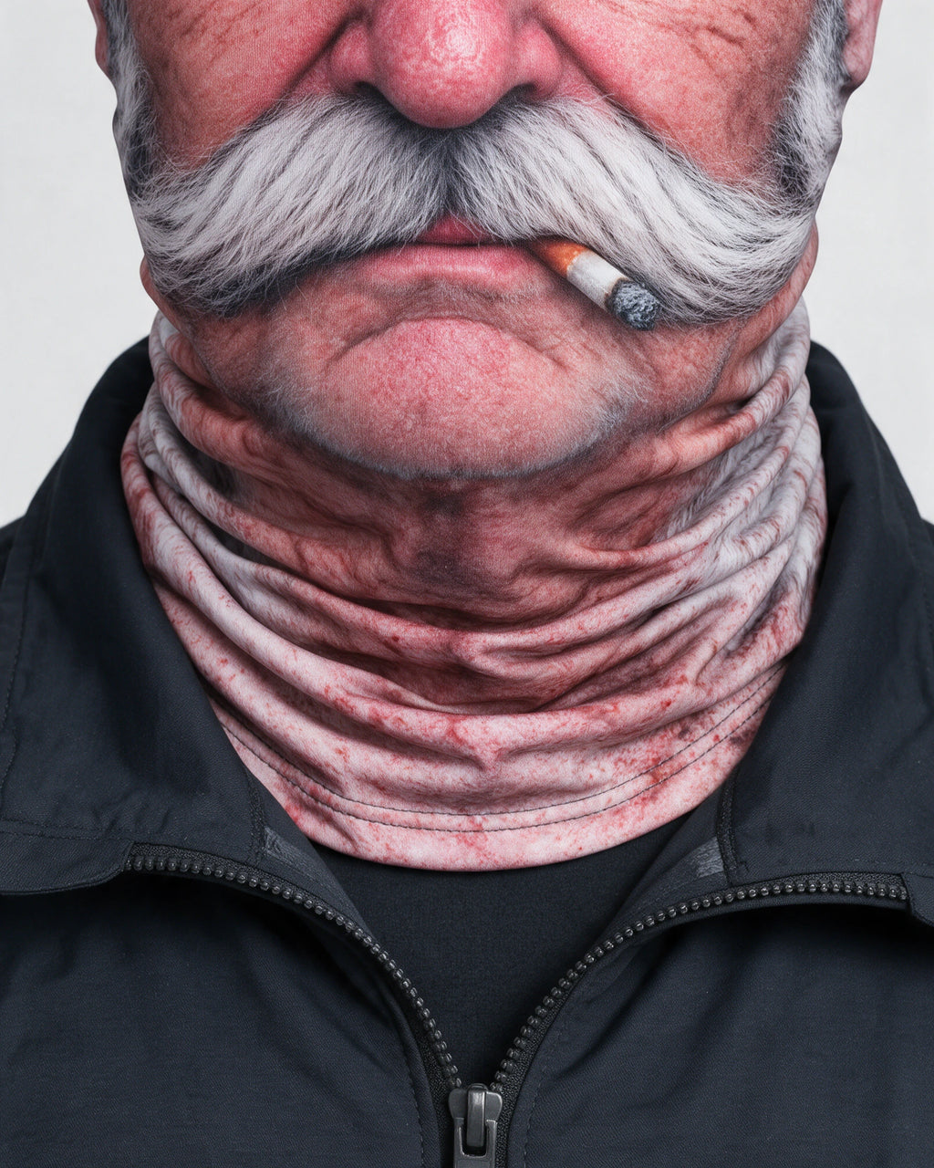 Printed fabric mask worn with ski goggles. Goggles and clothing not included.