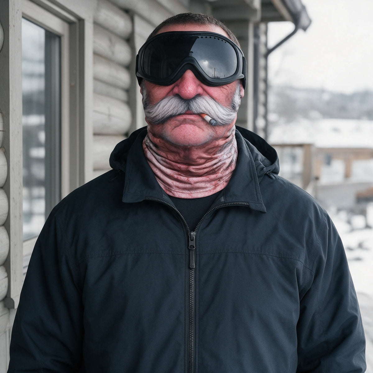 Printed fabric mask worn with ski goggles. Goggles and clothing not included.