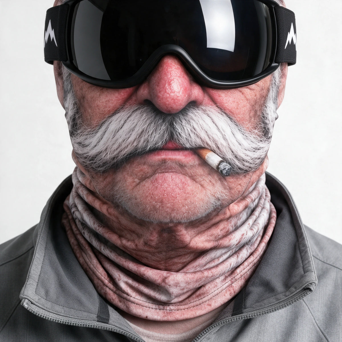 Printed fabric mask worn with ski goggles. Goggles and clothing not included.