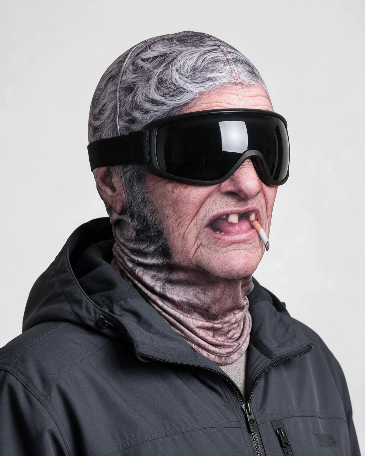 Printed fabric mask worn with ski goggles. Goggles and clothing not included.