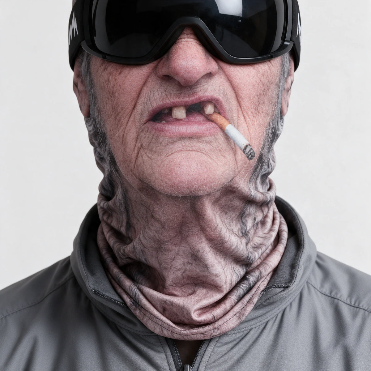 Printed fabric mask worn with ski goggles. Goggles and clothing not included.